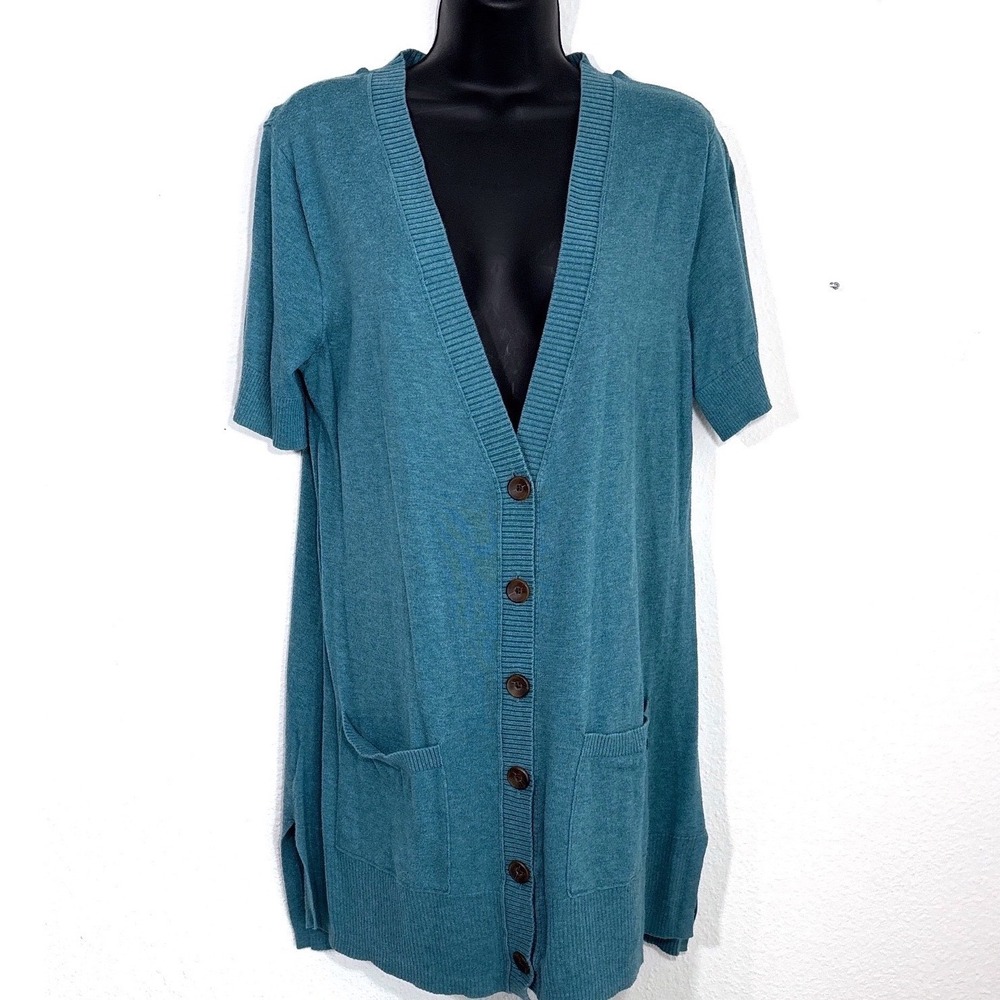 Eddie Bauer M Short Sleeve Cardigan Sweater Teal Blue Button Pockets Bella Swan - Picture 2 of 13